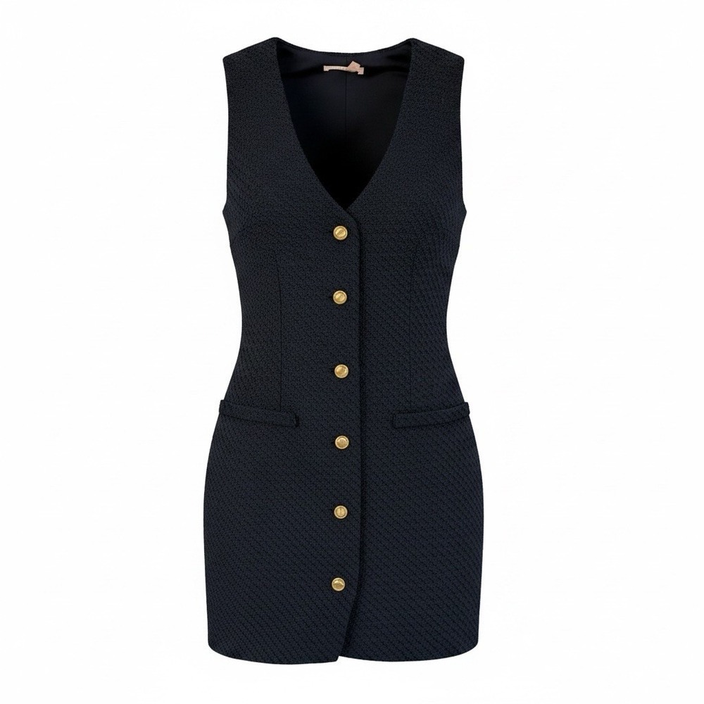 Bebop Women’s Tweed Dress Size M Deep Navy Gold Button Up V Neck Bodycon   NWT